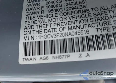 2022 Honda Accord Hybrid Sport z USA, uszkodzony, nr VIN 1HGCV3F20NA045516